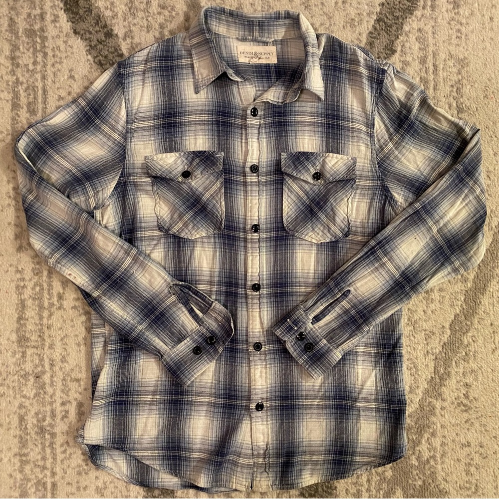 Denim & Supply Mens Flannel Shirt Medium Blue Plaid Distressed Ralph Lauren